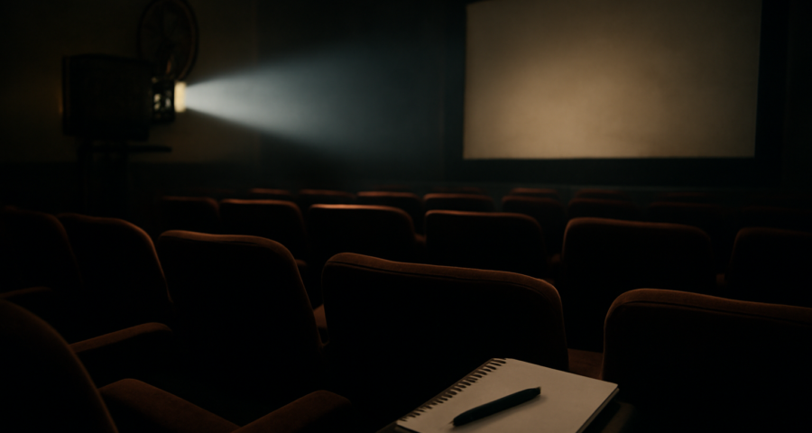 Suasana ruang bioskop gelap dengan proyektor film dan buku catatan di kursi, menggambarkan analisis sinematografi.