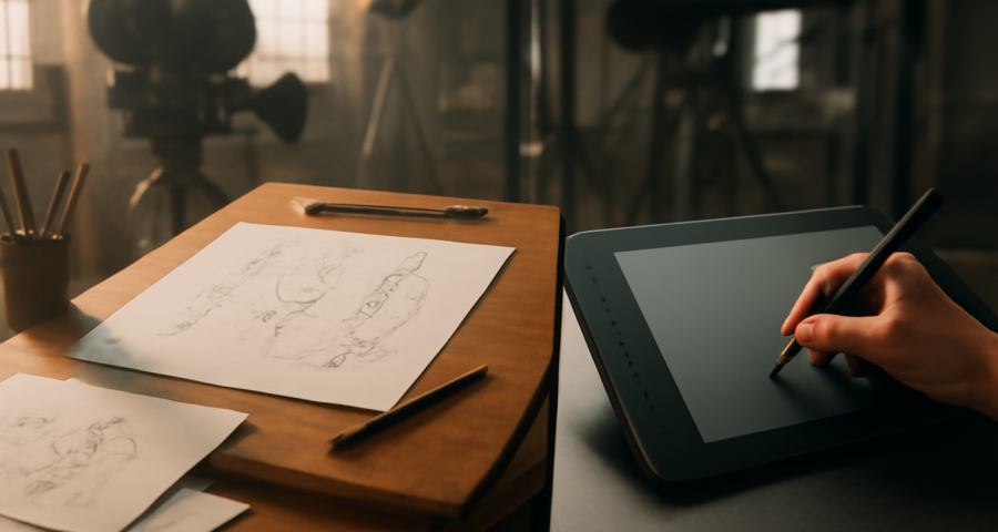 Meja animasi manual dengan gambar tangan dan tablet digital berdampingan
