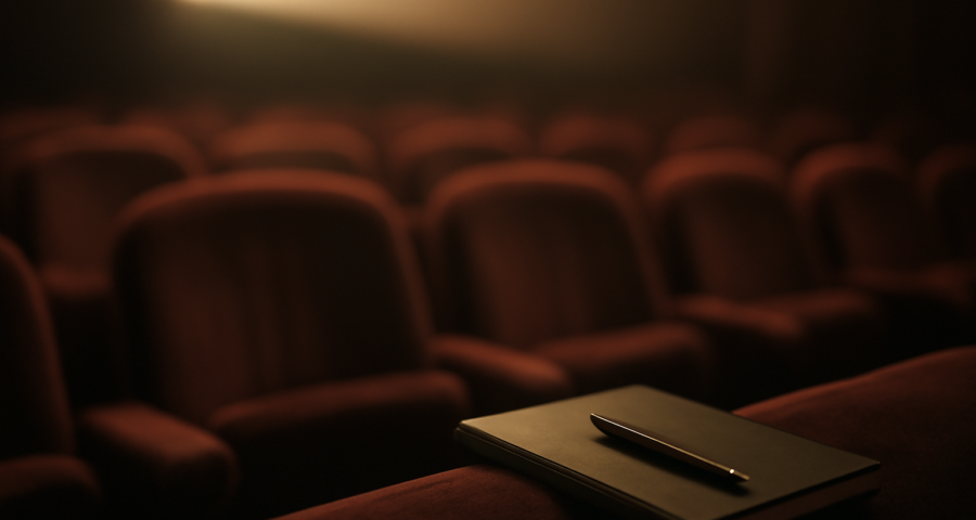 Buku catatan dan pena di kursi bioskop redup untuk mencatat simbol dalam film