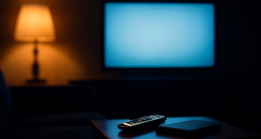Ruang menonton film di rumah dengan layar televisi menyala dan pencahayaan redup