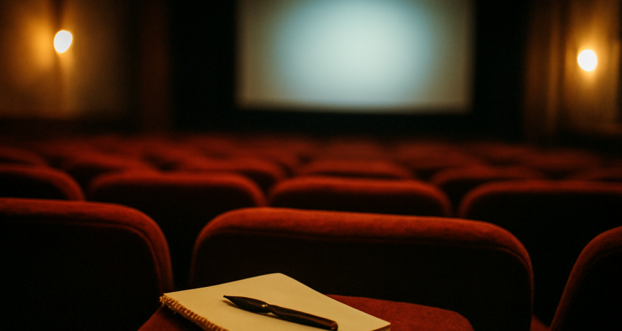 Kursi bioskop independen dengan cahaya layar samar, suasana menonton untuk menilai akting film