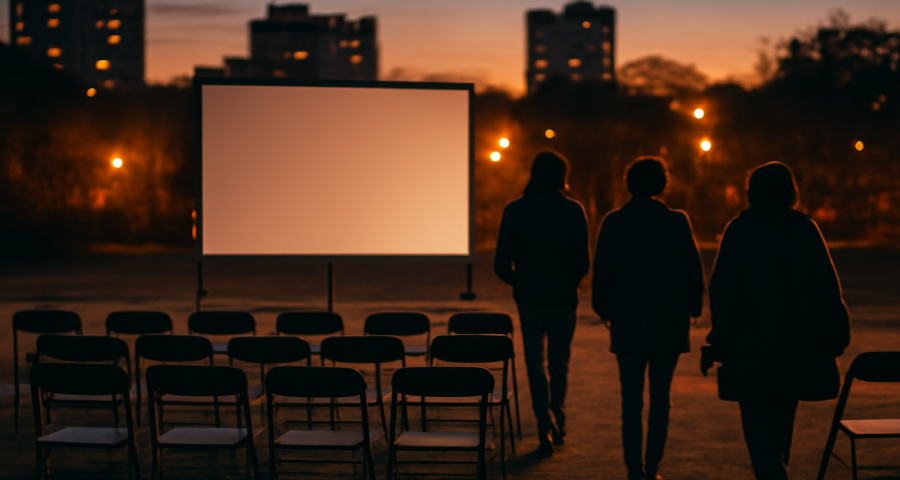 Penonton duduk di kursi lipat menghadap layar pemutaran film festival keliling saat senja