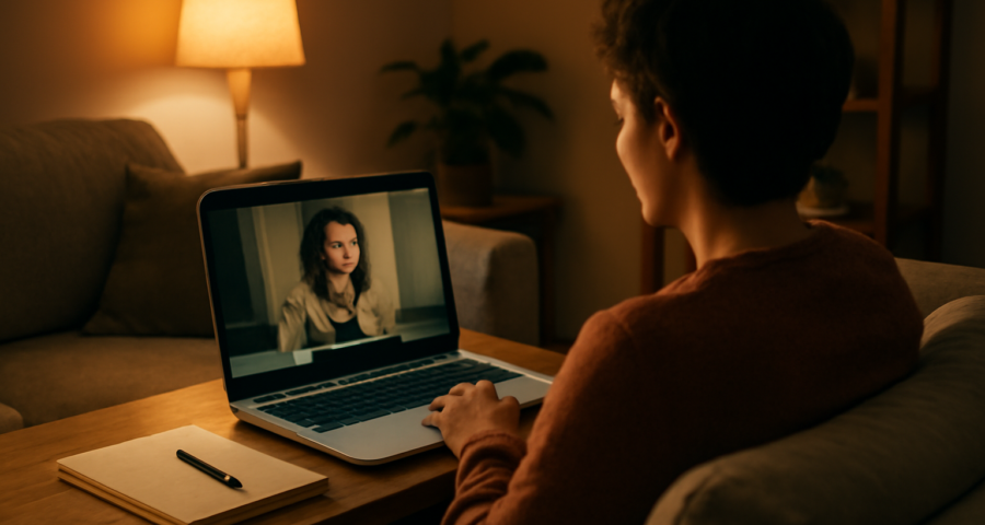 Seseorang menonton film sinema dunia di laptop dengan catatan di meja