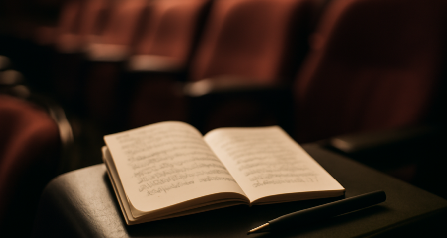 Buku catatan dan pulpen di sandaran kursi bioskop untuk menulis catatan kritik film