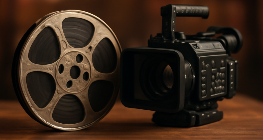 Gulungan film klasik dan kamera sinema digital berdampingan di atas meja kayu