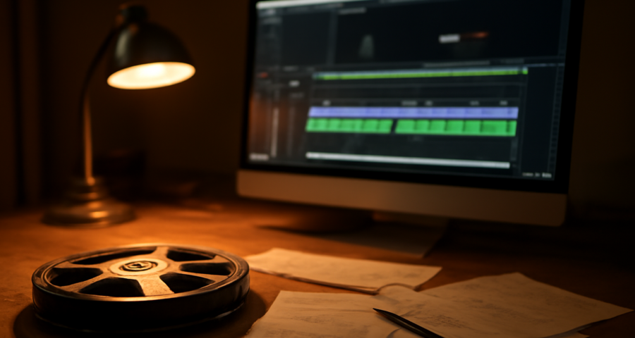 Meja kerja editing film dengan monitor menampilkan garis waktu dan catatan di sekitar keyboard