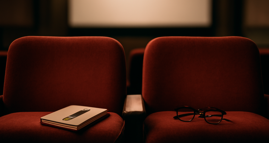 Dua kursi bioskop kosong dengan buku catatan dan kacamata, menggambarkan dua sikap menonton film dunia